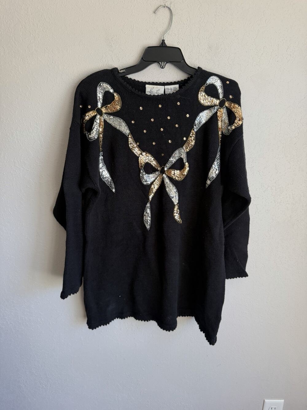 Vintage Kathie Lee Black Sequin Bow Crew Neck Sweater Womens L Coquette Holiday